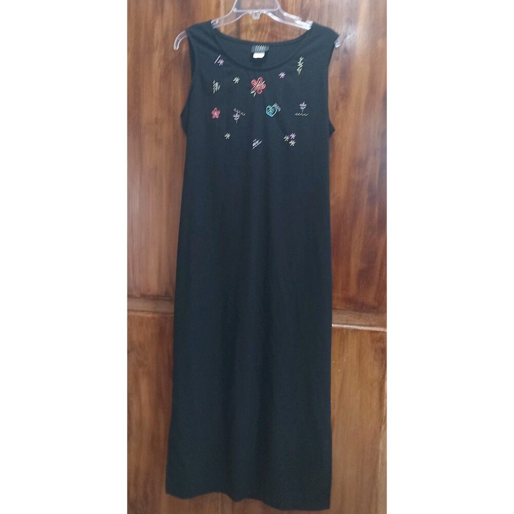 Vintage Teddi Floral Embroidered Black Sleeveless Maxi Dress Women's L 14 Crepe